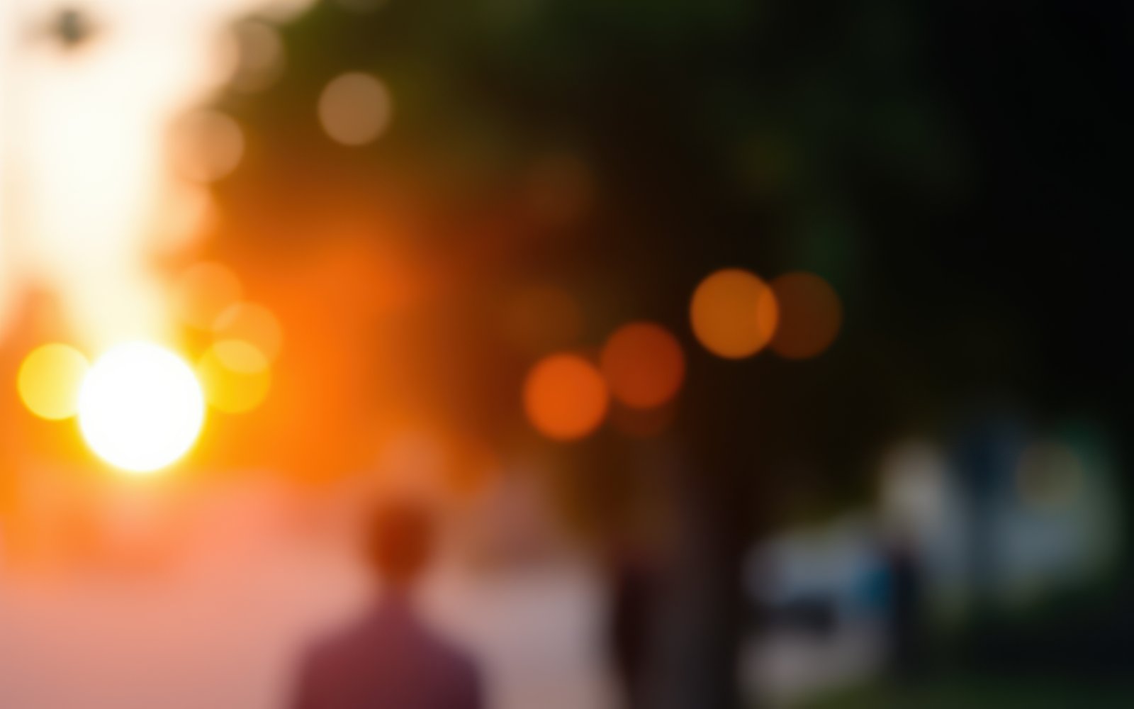 Golden sunset light creates a warm atmosphere as people walk along a tree-lined street in the evening